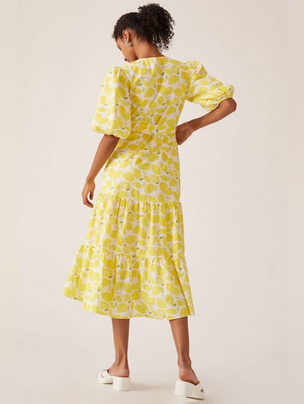 Anthropologie Hutch Tiered Wrap Midi Dress Lemon Print Puff Sleeve Dress - Picture 2 of 6